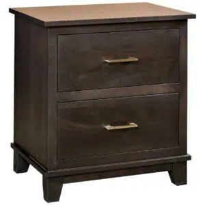 Amish-made dark wood nightstand with two drawers, crafted in Millersburg, Ohio.