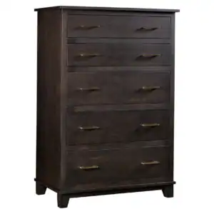 Dark wood dresser with five drawers and brass handles.