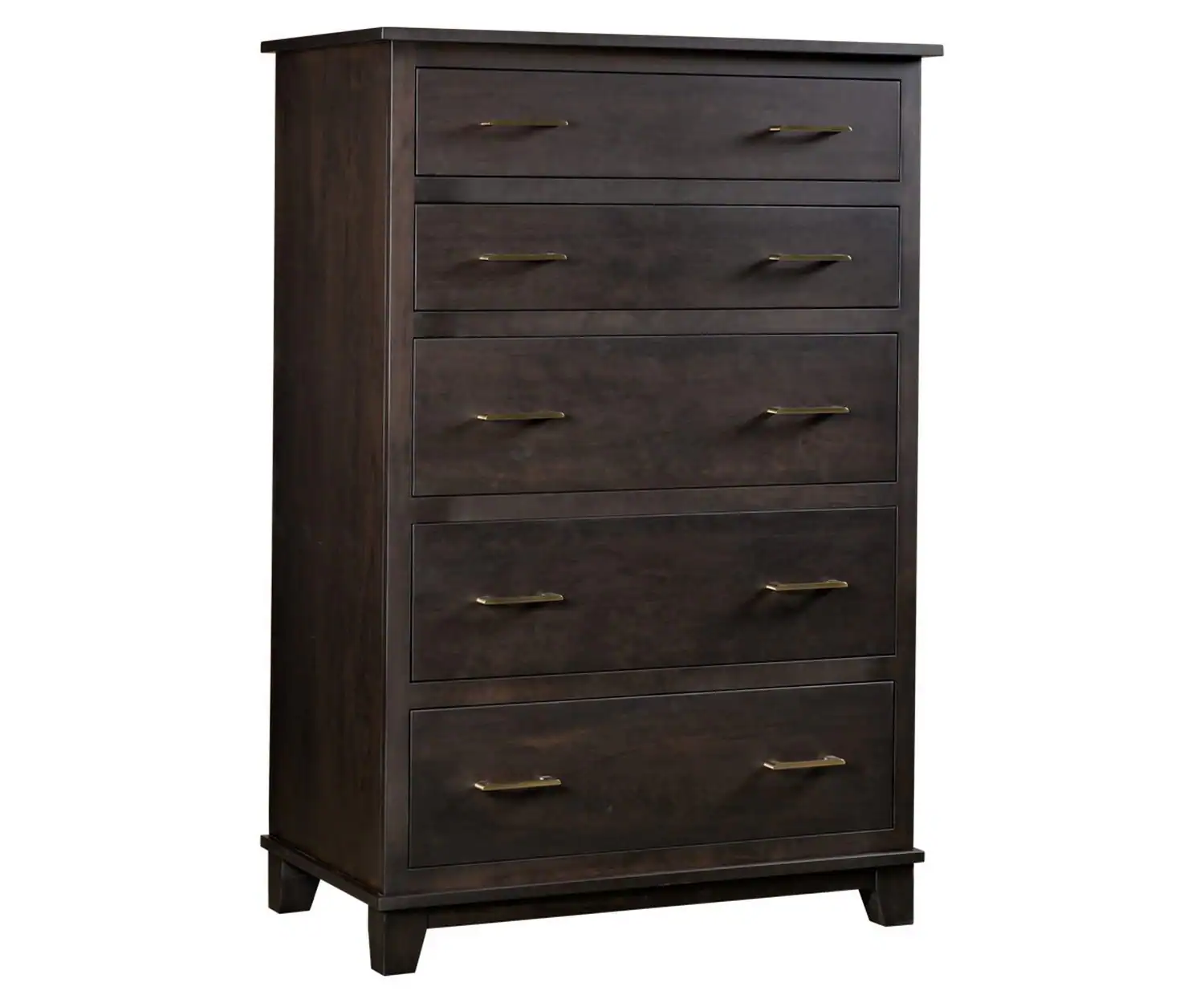 Dark wood dresser with five drawers and brass handles.