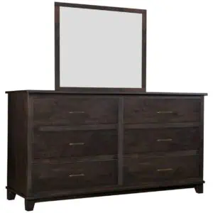 Amish-made dark wood dresser with mirror, crafted in Millersburg, Ohio.