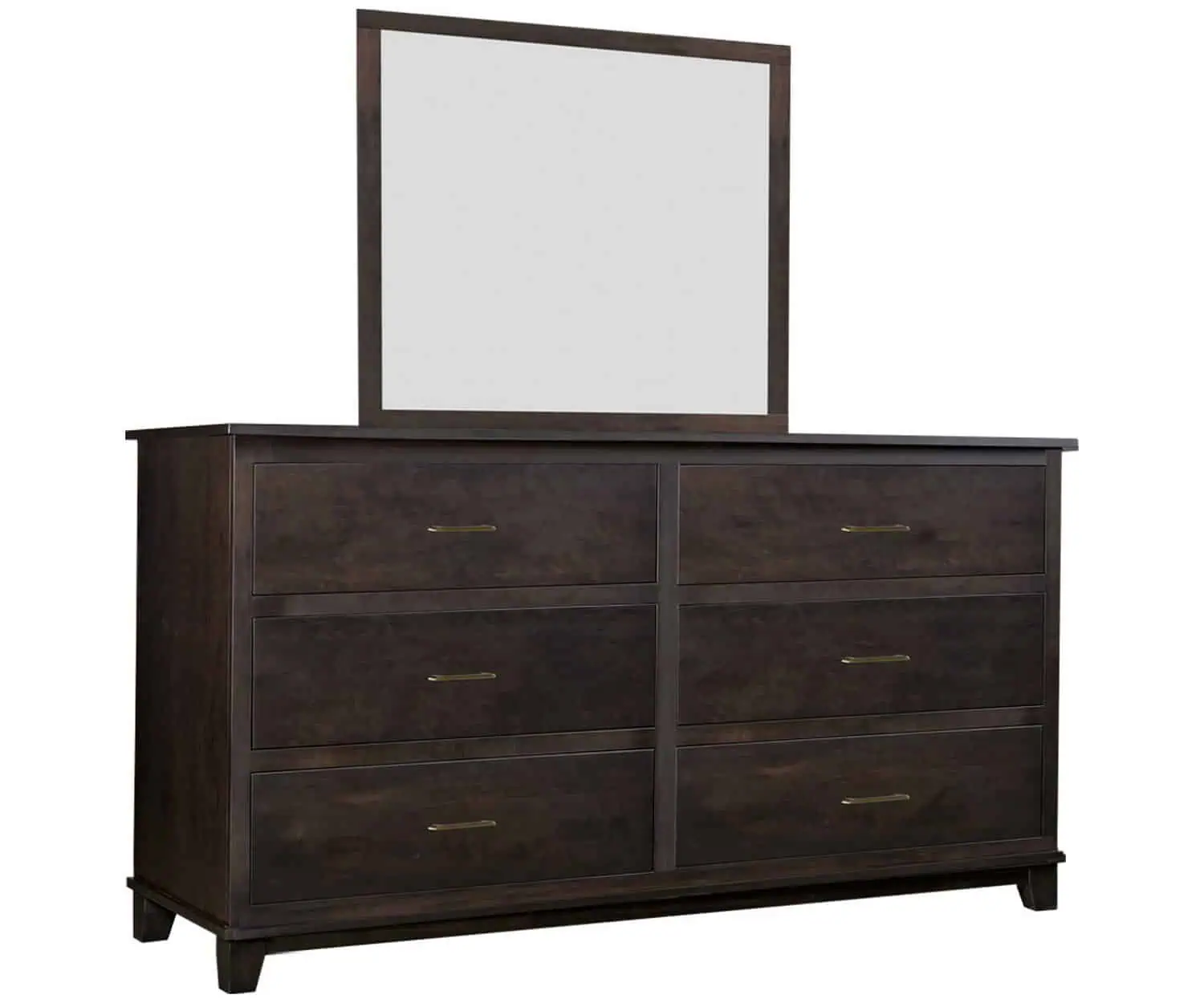 Amish-made dark wood dresser with mirror, crafted in Millersburg, Ohio.