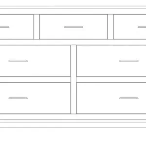 Line drawing of a solid wood dresser with multiple drawers.
