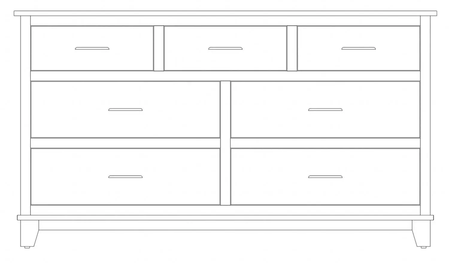 Line drawing of a solid wood dresser with multiple drawers.