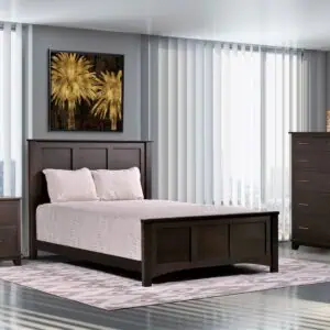 Elegant Amish-made bedroom furniture in dark wood finish.