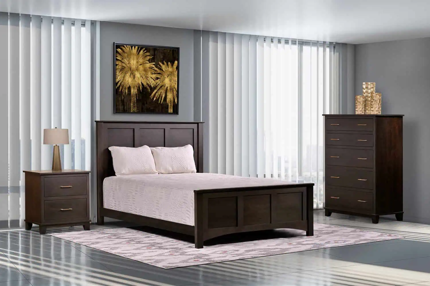 Elegant Amish-made bedroom furniture in dark wood finish.