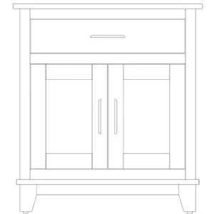 Line drawing of a solid wood cabinet with double doors and a drawer.