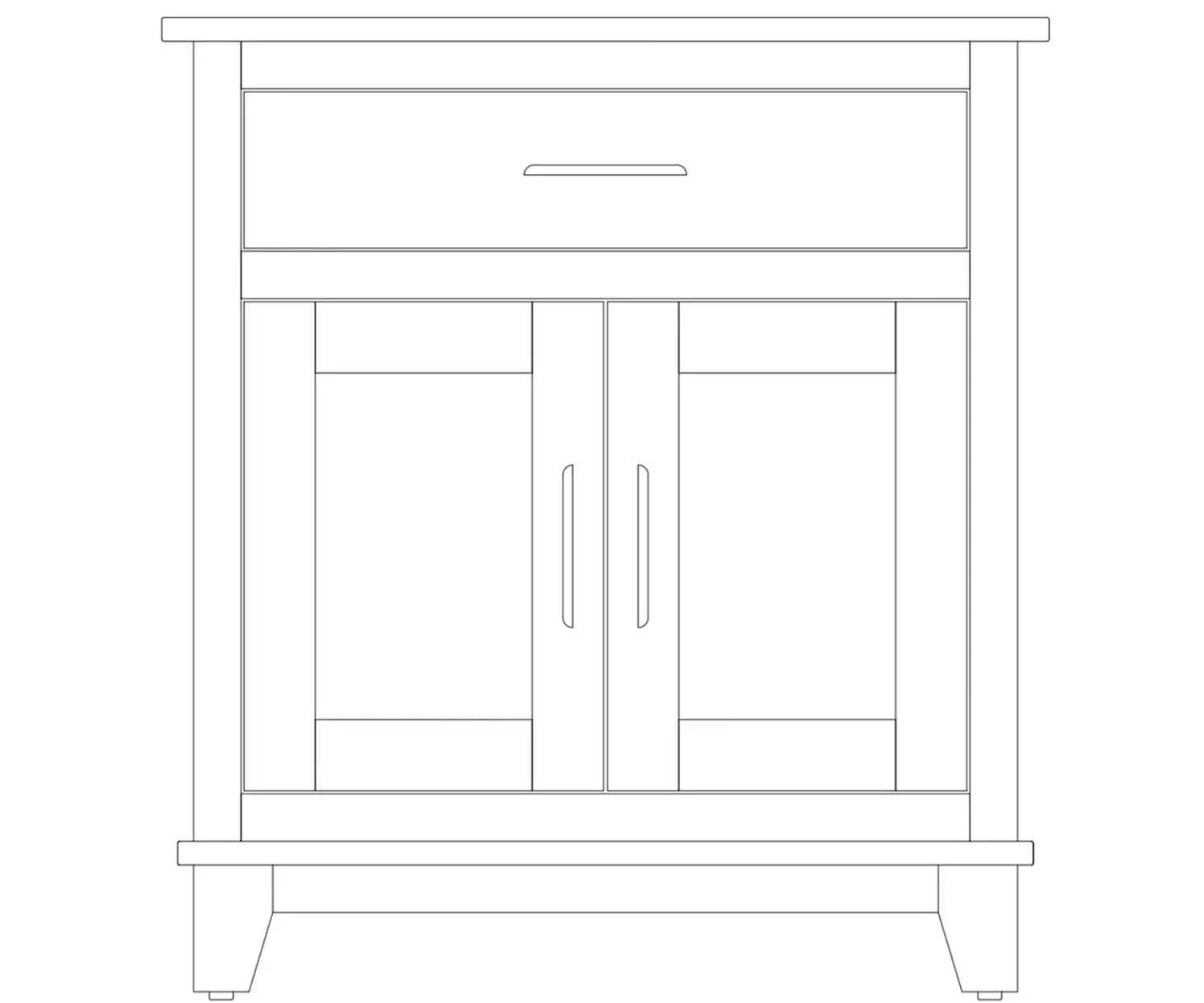 Line drawing of a solid wood cabinet with double doors and a drawer.