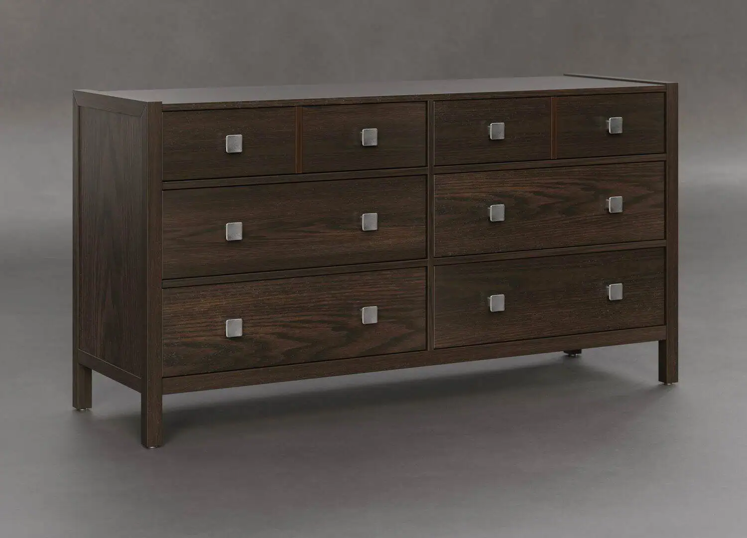 Solid wood dresser with modern square hardware.