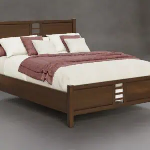 Solid wood bedroom furniture with a modern slatted headboard design.