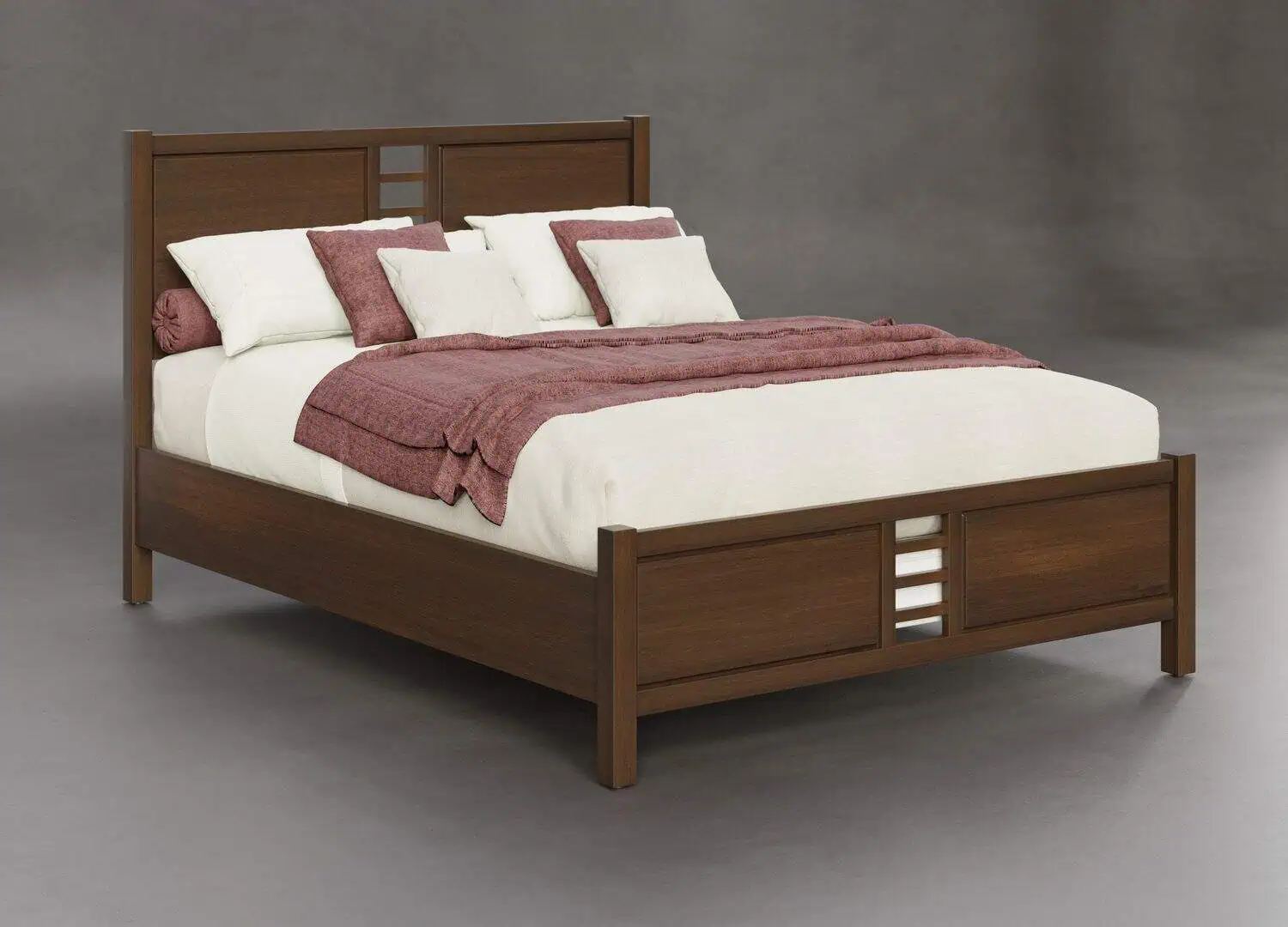 Solid wood bedroom furniture with a modern slatted headboard design.