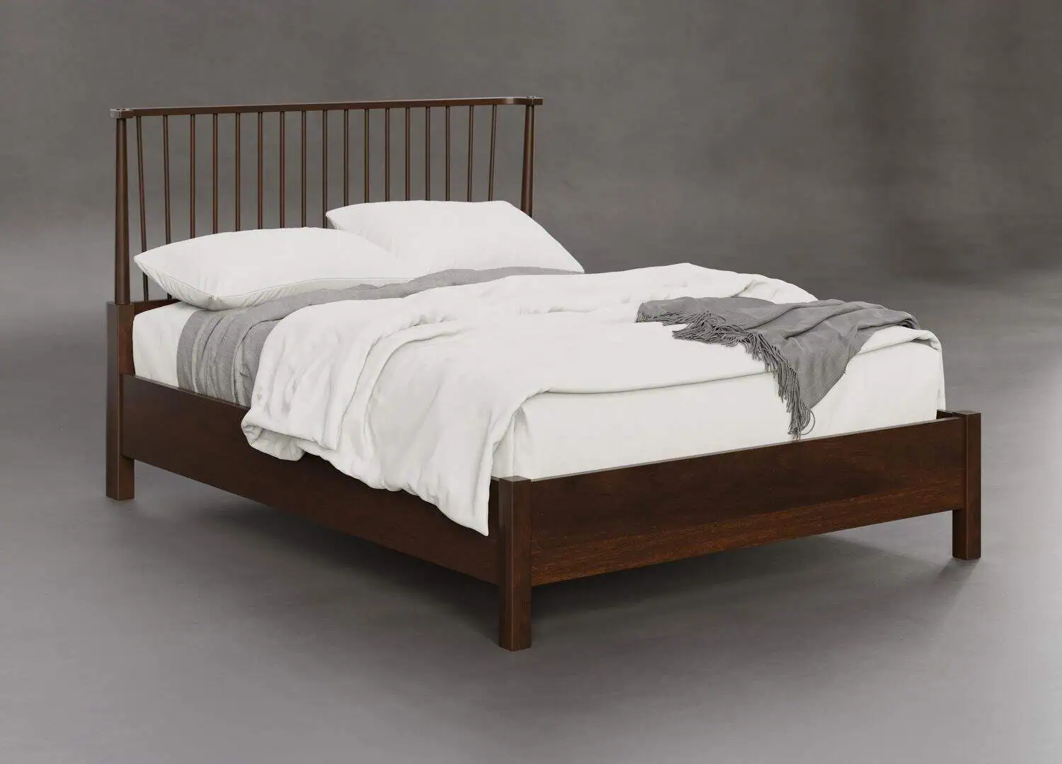 Solid wood bed with a slatted headboard in a rich finish.